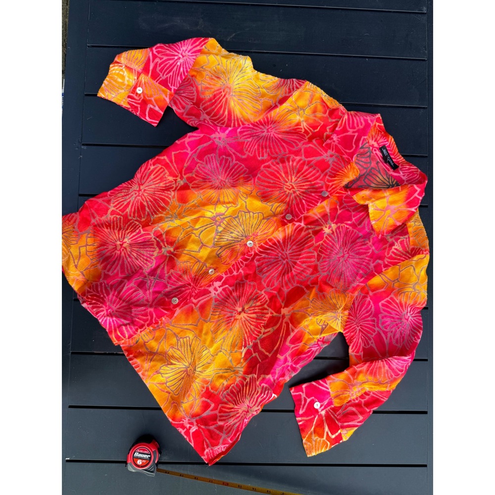 Vintage Notations Pink Orange Floral sheer Button Down Shirt PM